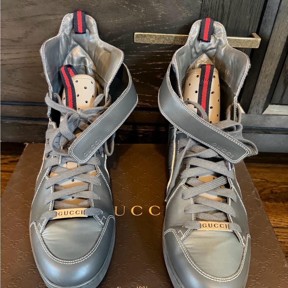 Gucci Men's Gray Leather High-Top Sneakers with Red-Blue Web Detail